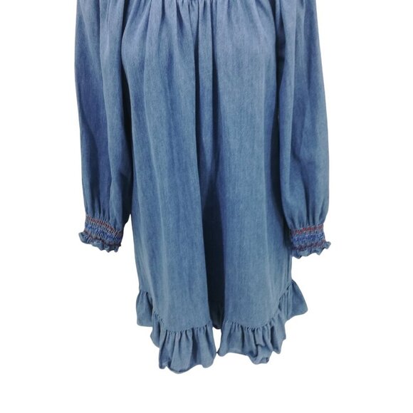 Rixo Azalea Smocked Denim Puff Sleeve Ruffle Mini Dress Size XS US 4 Prairie - Picture 6 of 13